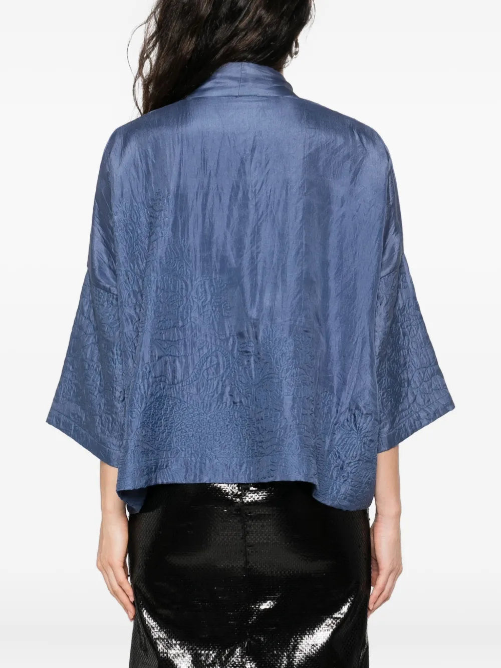 Yavï embroidered silk kimono in steel blue with fluid silhouette