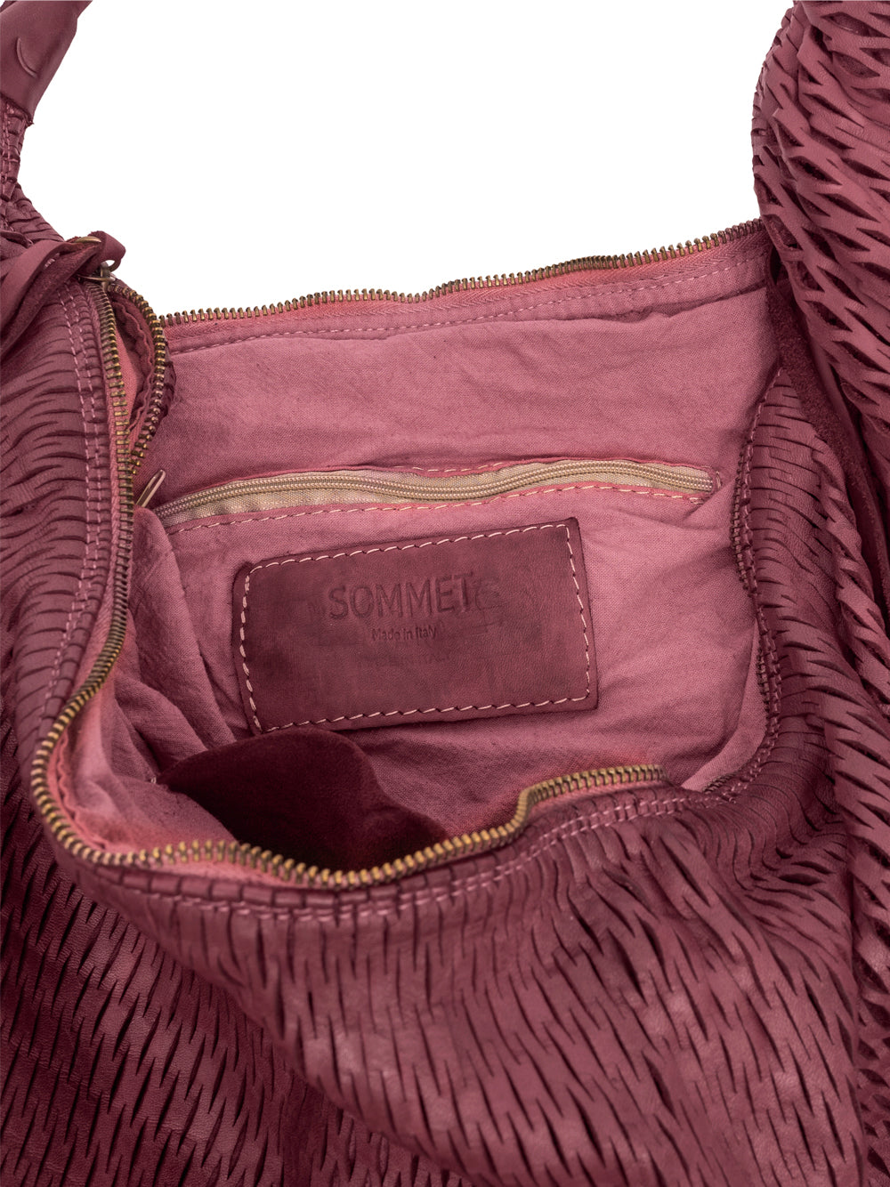 Bolso Rete 391/rete de Sommet en piel de vacuno color Prugna, diseño tipo saco, hecho a mano en Italia