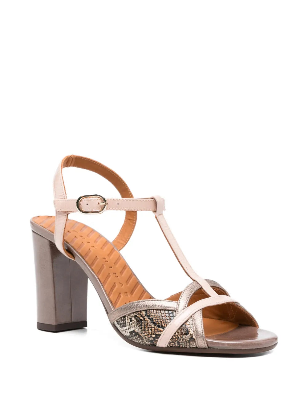 Chie Mihara Bejo blush pink patent and snake metallic leather T-strap slingback sandal, high block heel and ankle buckle