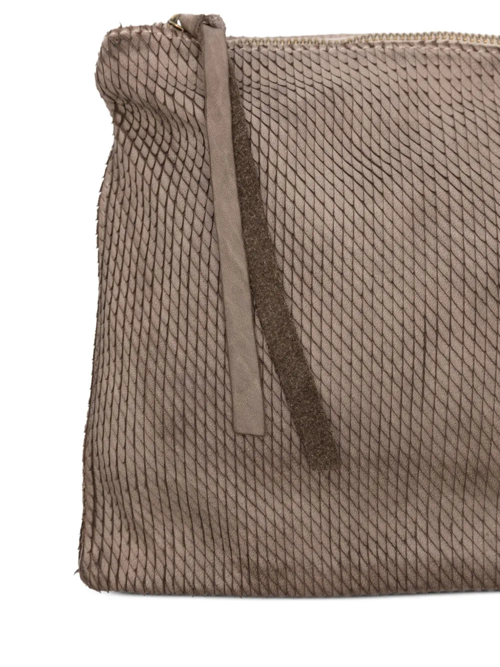 Sommet Petaliño pochette bag in taupe, made from vegetable-tanned calfskin with petal effect, adjustable and removable strap, zipper closure, interior compartments, handcrafted in Italy.