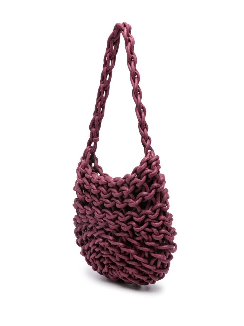 Bolso Alice de Alienina en color plum, tejido a mano con algodón encerado, con cierre de cremallera y bolsillo interior, estilo artesanal hecho en Italia.
