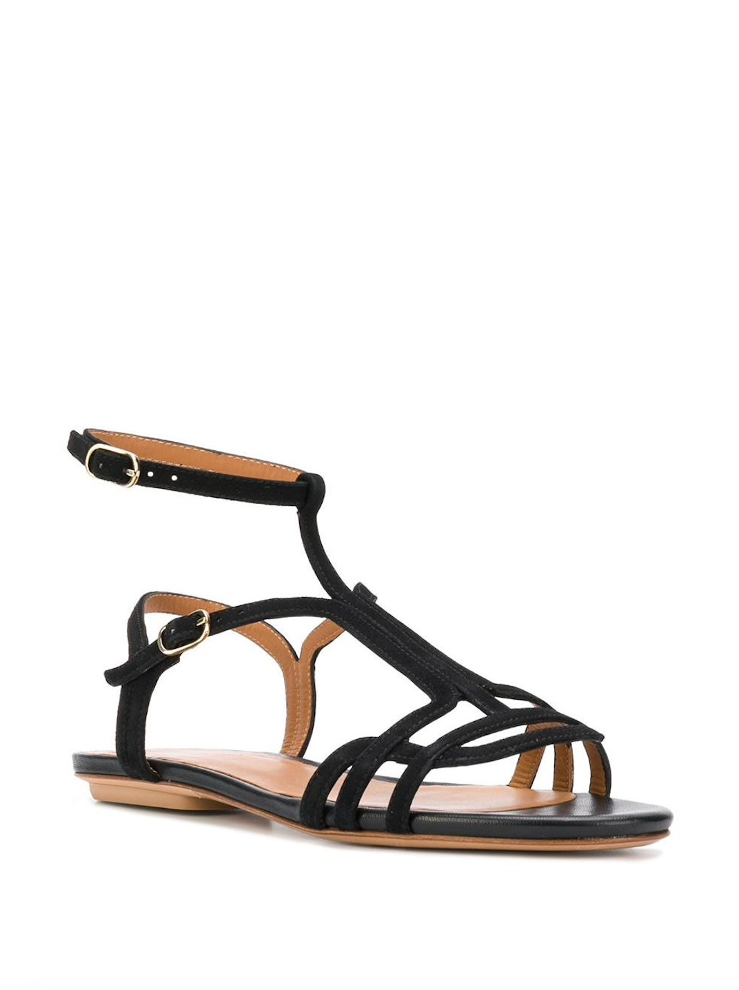 Sandalia plana de mujer en ante negro, modelo YAEL de Chie Mihara, con puntera abierta, doble tira al tobillo y tacón de 1,5 cm. Hecha en España.