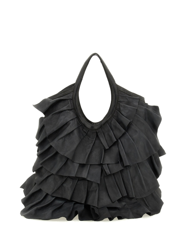 Caterina Lucchi black pleated leather handbag with removable crossbody strap, zipper closure and Italian handcrafted detailing