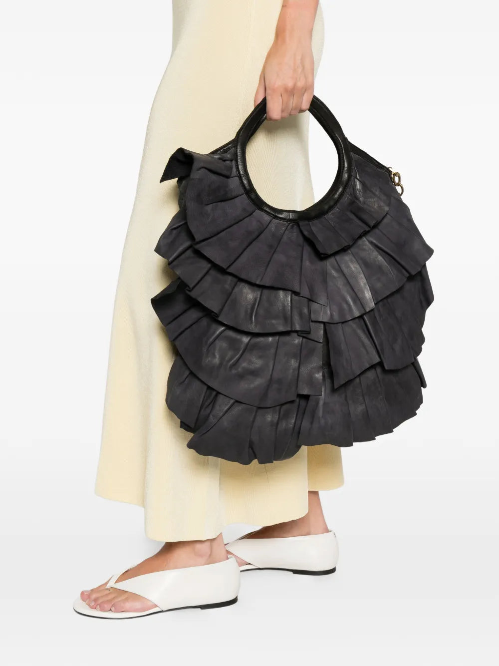 Caterina Lucchi black pleated leather handbag with removable crossbody strap, zipper closure and Italian handcrafted detailing