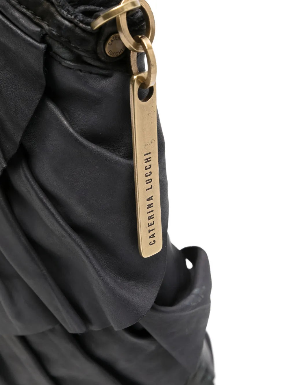 Caterina Lucchi black pleated leather handbag with removable crossbody strap, zipper closure and Italian handcrafted detailing