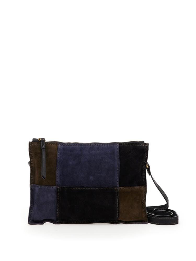 Clutch de ante multicolor (azul y marrón) hecho a mano por Caterina Lucchi, con bandolera extraíble y cierre de cremallera.