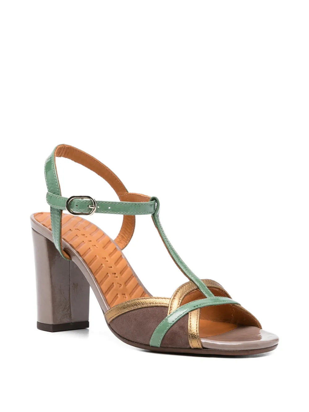 Chie Mihara Bejo mouse taupe and jade mint green patent leather T-strap slingback sandal, gold metallic vamp and block heel