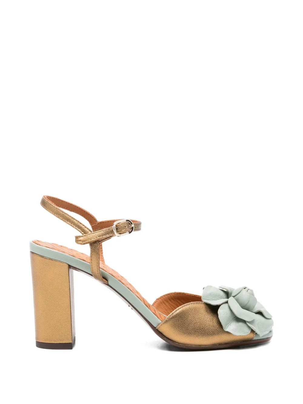 Chie Mihara Biuty bronze gold metallic leather sandal with jade green leather flower and block heel, handmade in Spain