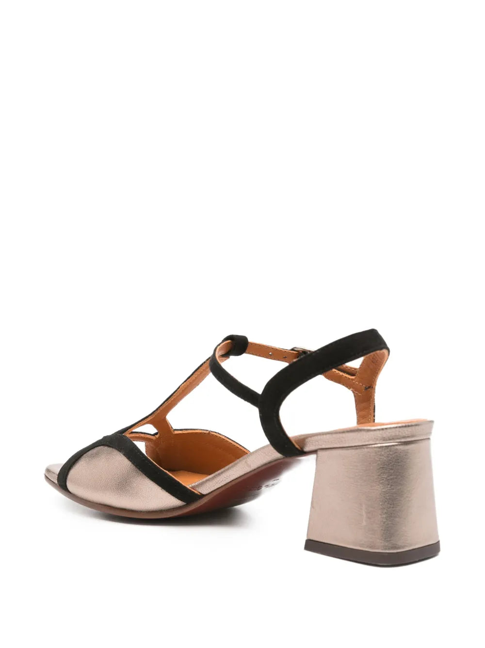 Chie Mihara LIPE metallic leather and suede block heel sandals in bronze and black.