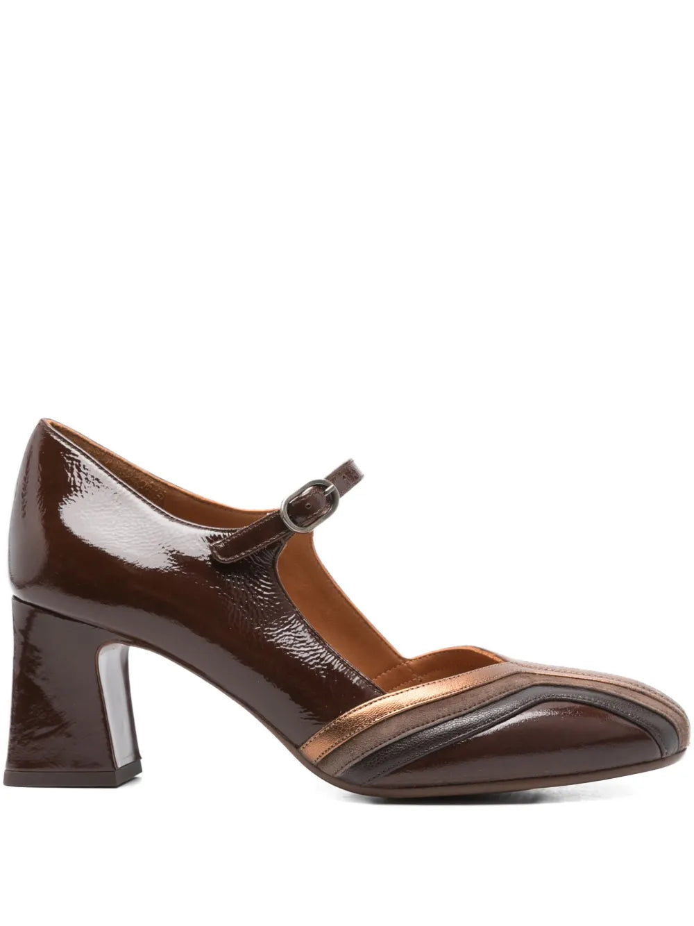 Chie Mihara Feva dark brown patent leather and bronze metallic Mary Jane shoe with block heel, handmade in Spain