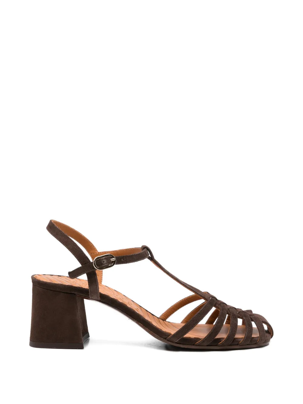 Chie Mihara Mustel brown suede fisherman sandal with T-strap, multi-strap cage and block heel, handmade in Spain