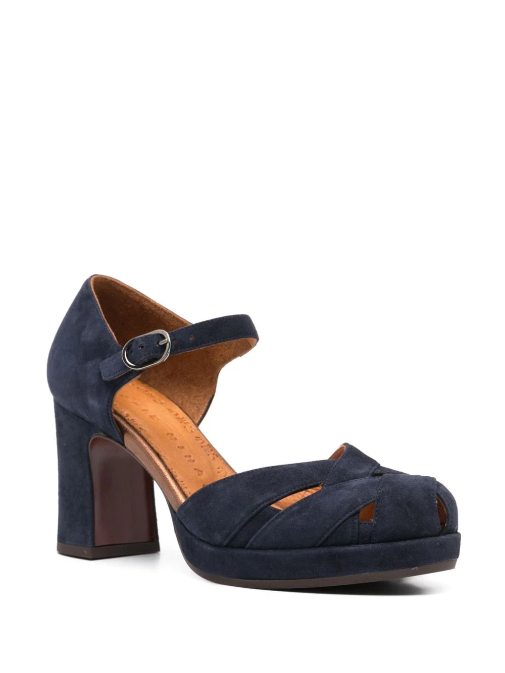 Zapatos Chie Mihara modelo DEMIM en ante azul marino y charol con tacón bloque 7.5 cm y plataforma 2 cm