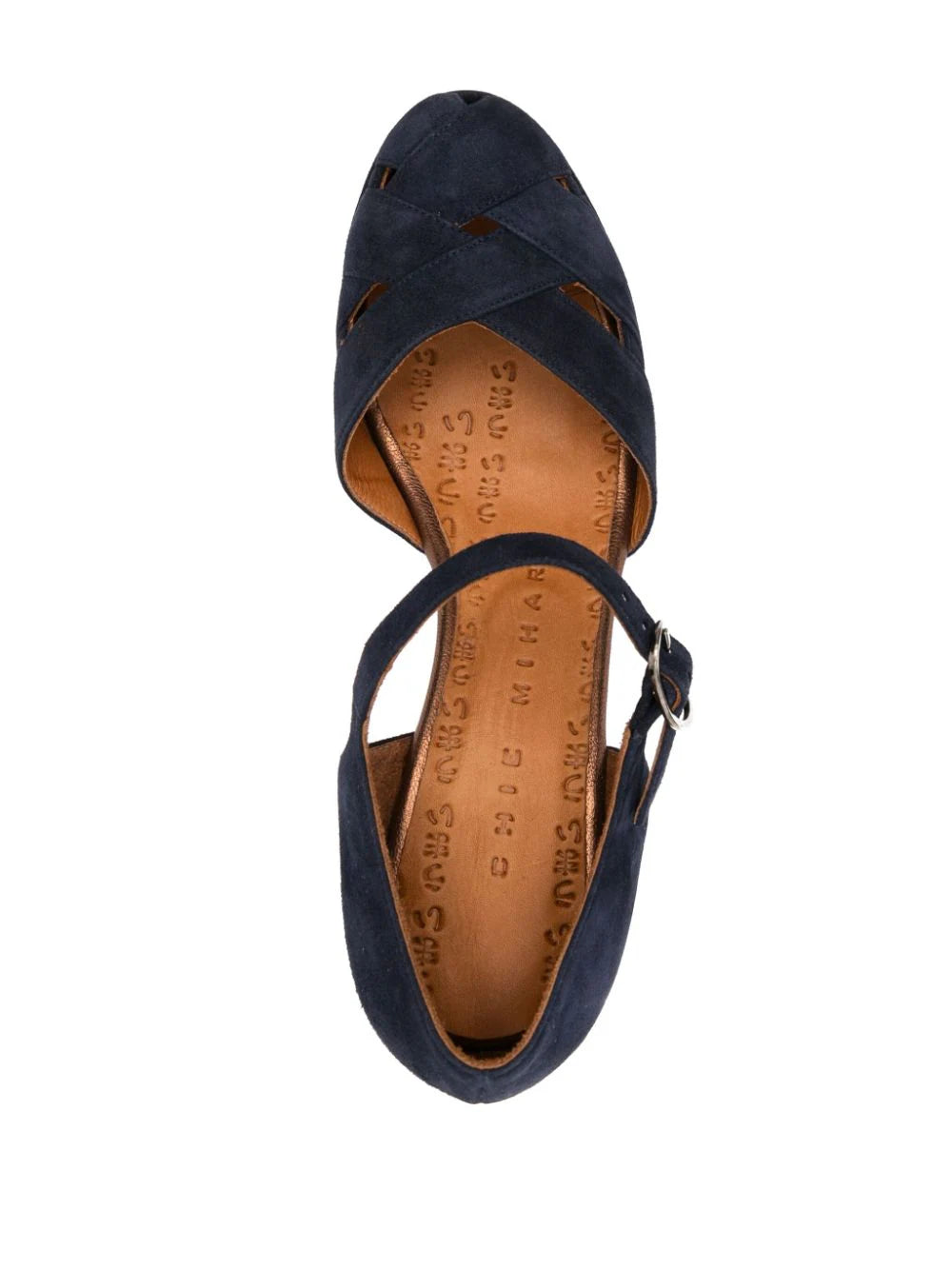 Zapatos Chie Mihara modelo DEMIM en ante azul marino y charol con tacón bloque 7.5 cm y plataforma 2 cm