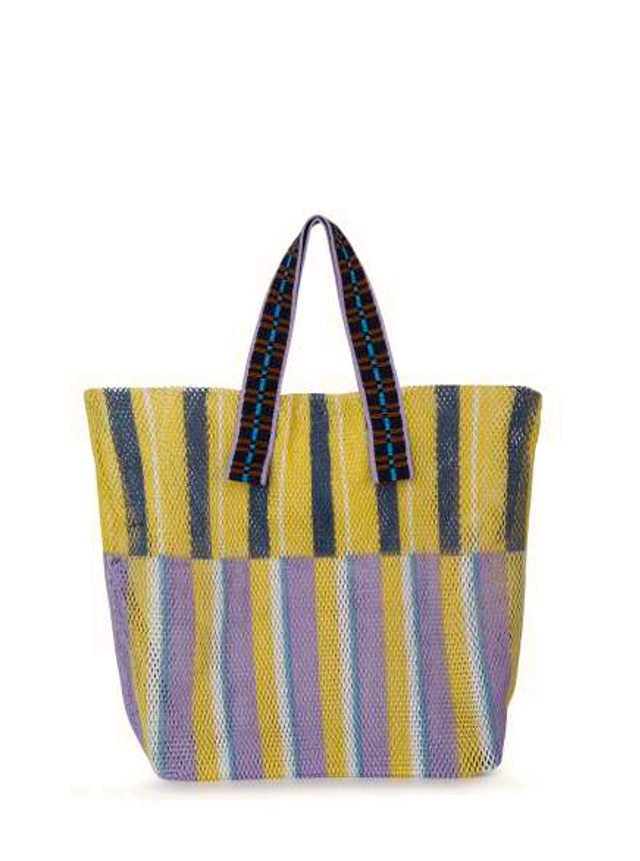 Bolso Kampur pequeño de Épice Paris con rayas verticales en amarillo, lila y azul marino. Elegante, ligero y práctico para el día a día. Diseño moderno y artístico.