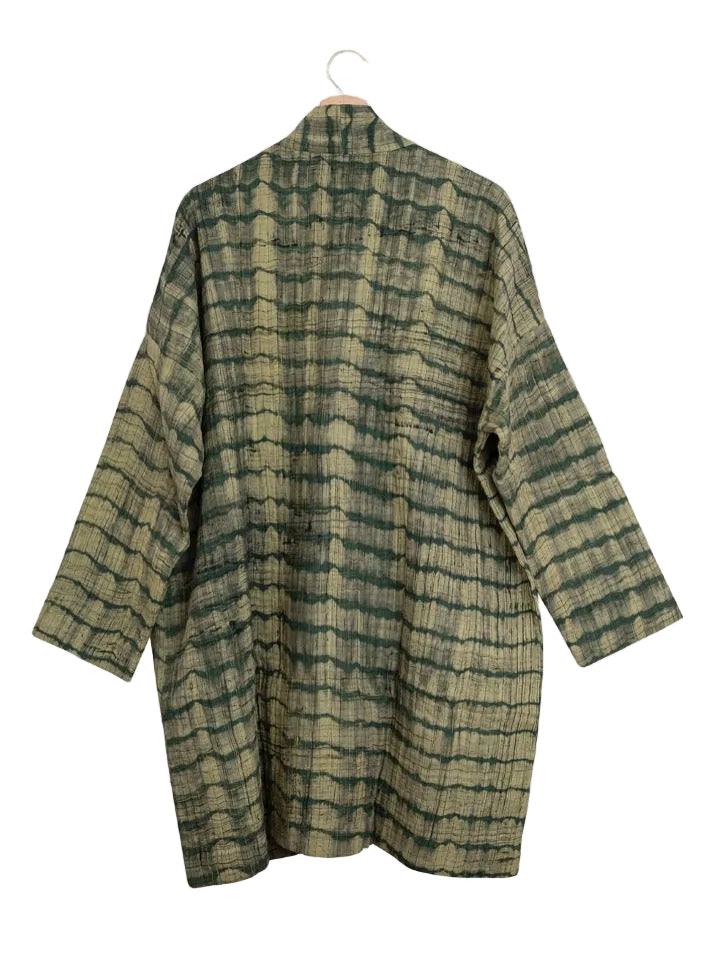 Long cotton kimono with handmade shibori technique in olive green and natural beige tones
