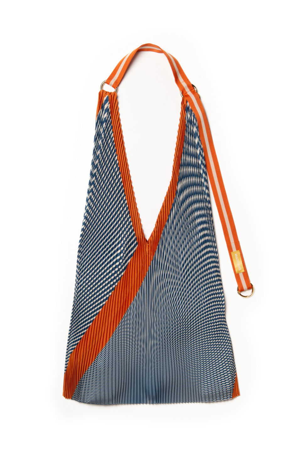Bolso tote plisado modelo Anna Rust en azul y naranja de Multitudes, hecho en poliéster reciclado con asas de satén, diseño sostenible y elegante, fabricado en Italia.