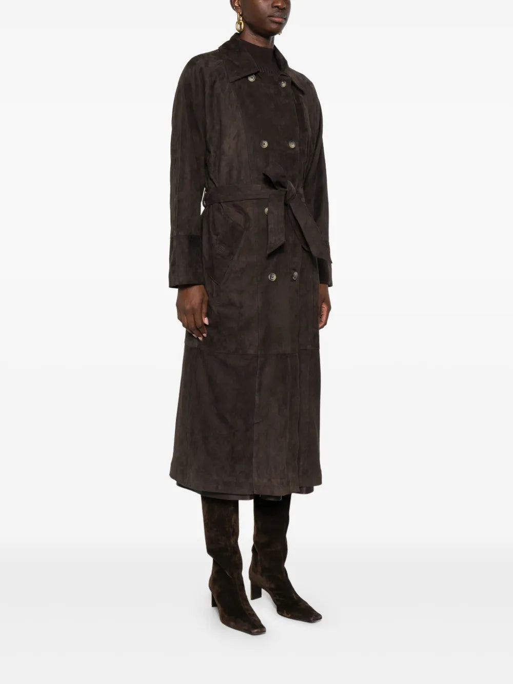 Mara Bini ANNA long trench coat in Testa di Moro kid suede,