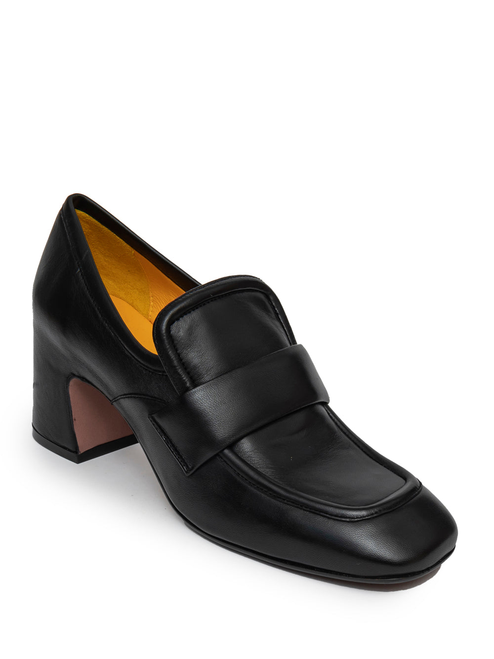 Mocasín negro de piel de becerro con tacón ancho de 6 cm, modelo PERLA-R261 de Mara Bini, fabricado en Italia.
