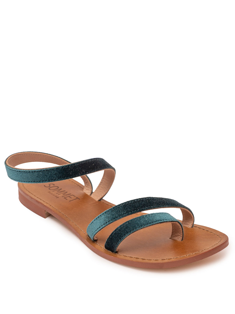 Sandalia Pietrasanta en terciopelo azul petrolio de Cinque Terre con pulsera al tobillo y suela de cuero.
