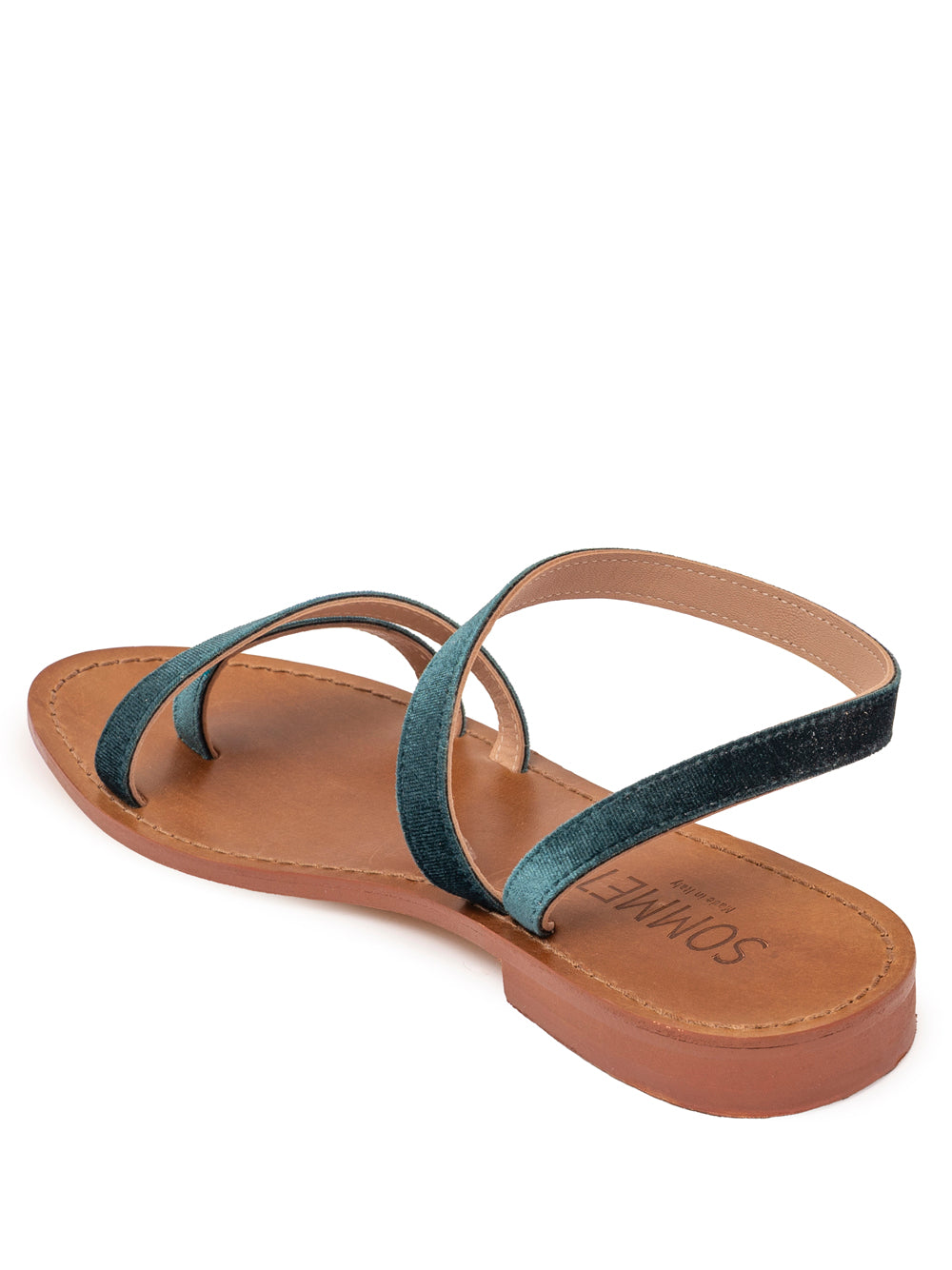 Sandalia Pietrasanta en terciopelo azul petrolio de Cinque Terre con pulsera al tobillo y suela de cuero.