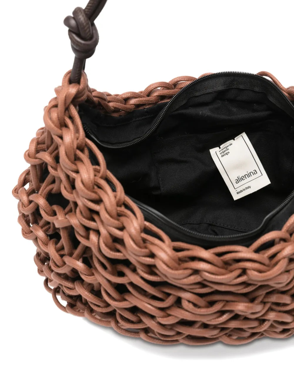 Alienina Aurora chocolate brown cotton rope and leather bag with zipper closure, handmade in Italy