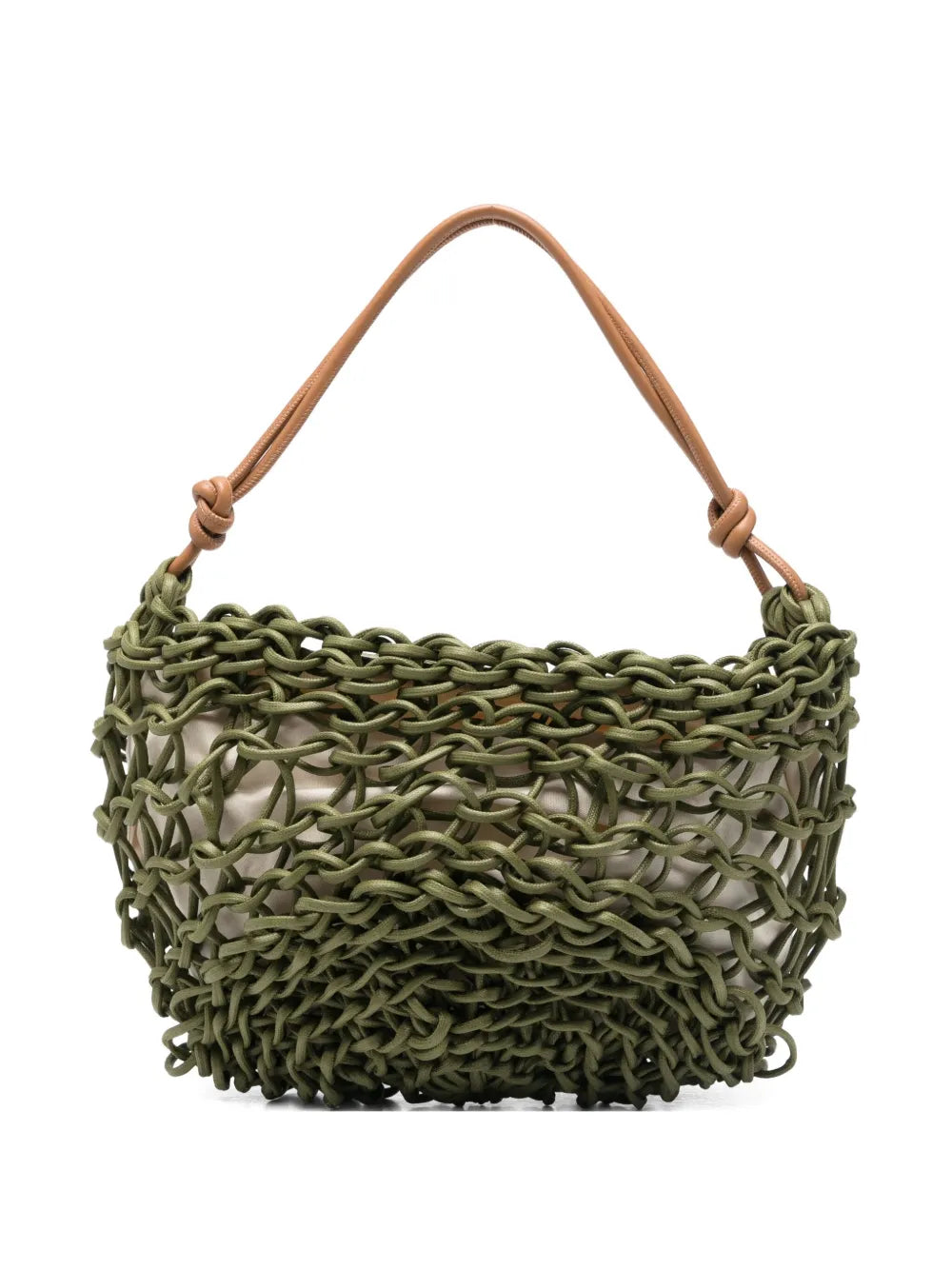 Alienina Aurora olive green cotton rope and leather bag with zipper closure, handmade in Italy
