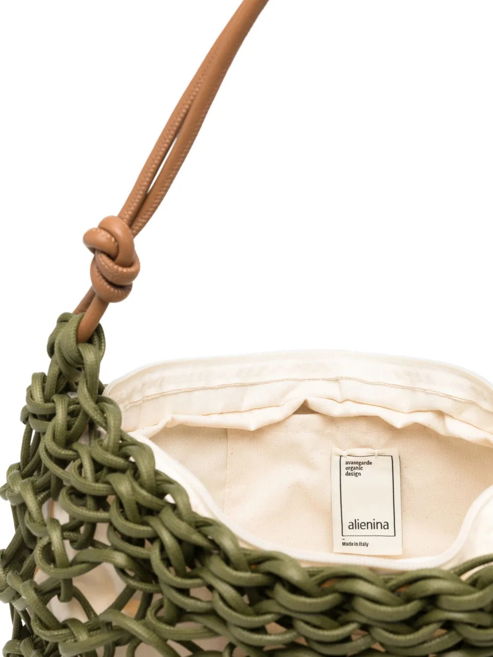 Alienina Aurora olive green cotton rope and leather bag with zipper closure, handmade in Italy