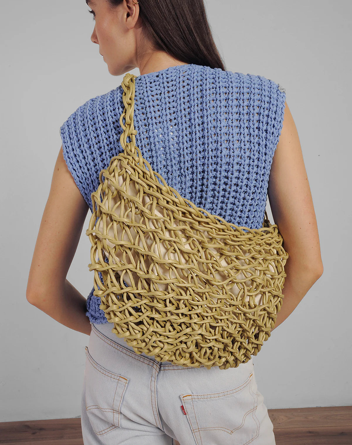 lime woven shoulder bag handmade Italy recycled cotton designer bag worn look Alienina Lilla