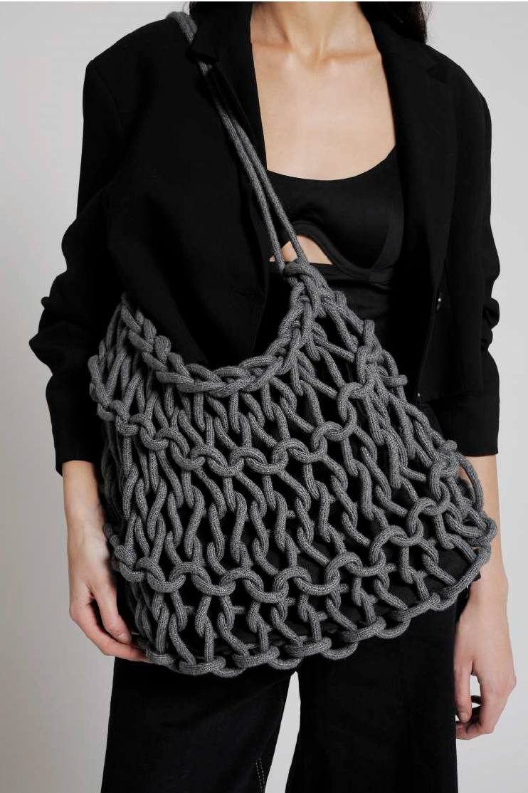 handmade Italian woven bag recycled cashmere rope Alienina Nadia grey designer bag
