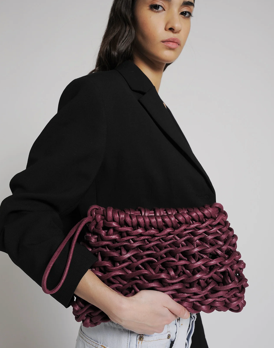 Alienina Nora hand made woven clutch in burgundy waxed cotton rope, zip closure, hand carry, made in Italy