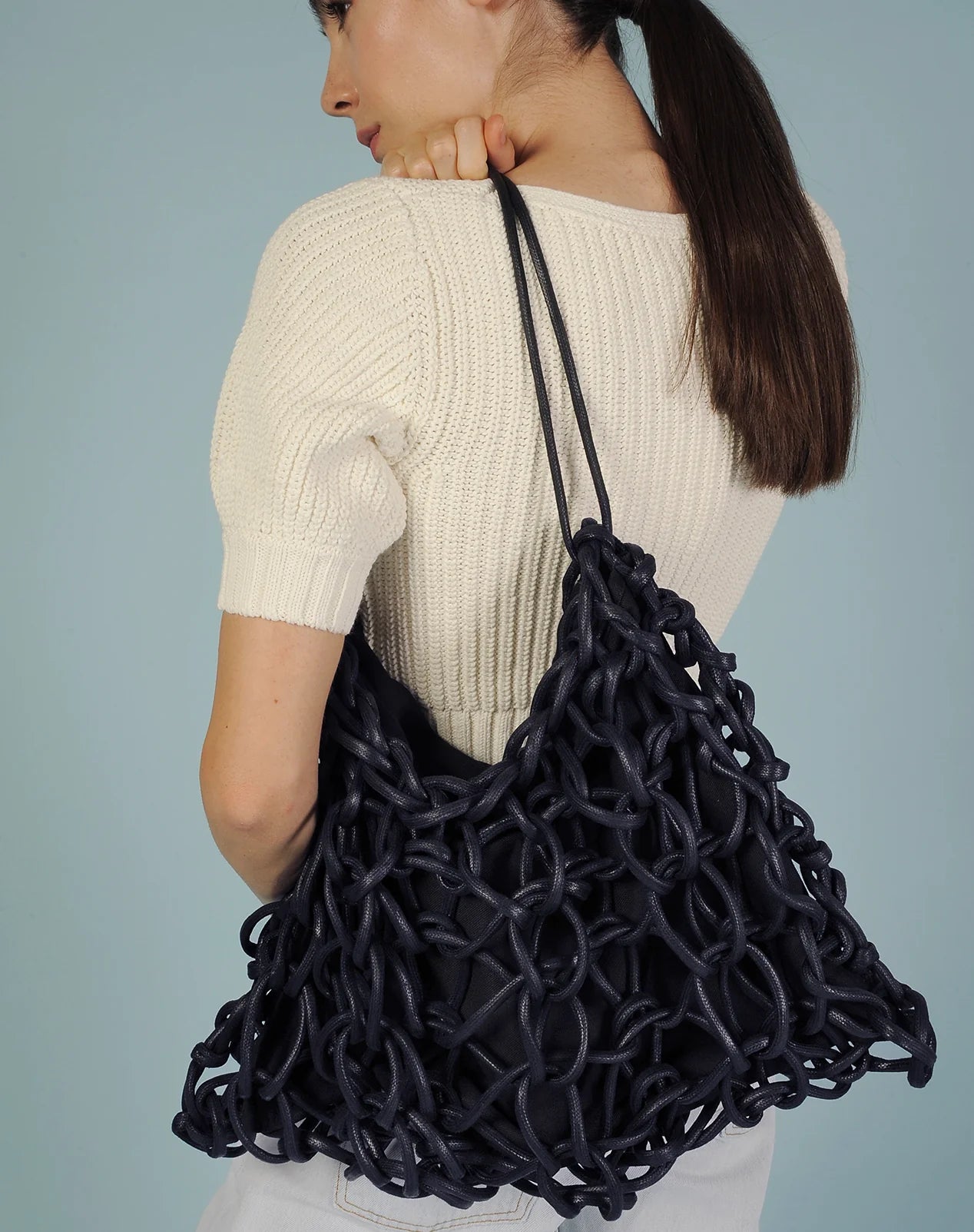 Alienina Petra artisanal woven bag in navy waxed cotton rope