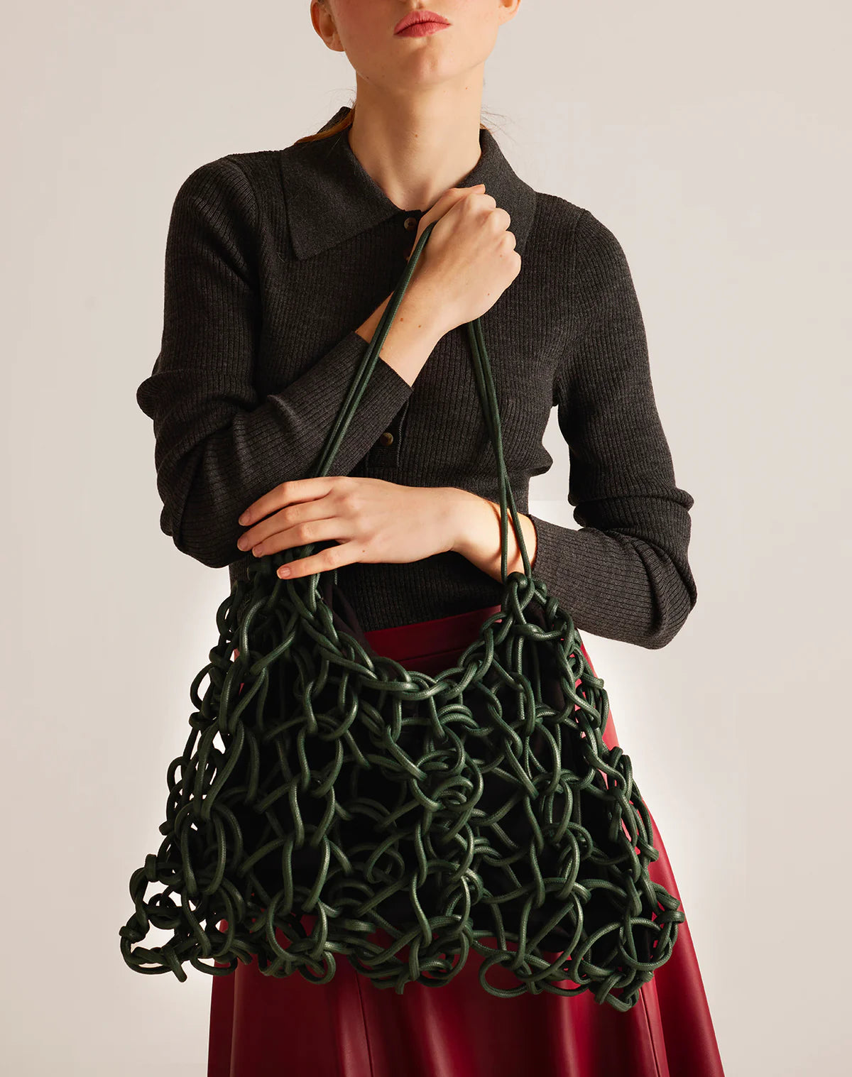 pine green woven shoulder bag handmade Italy recycled cotton designer bag worn look Alienina Petra