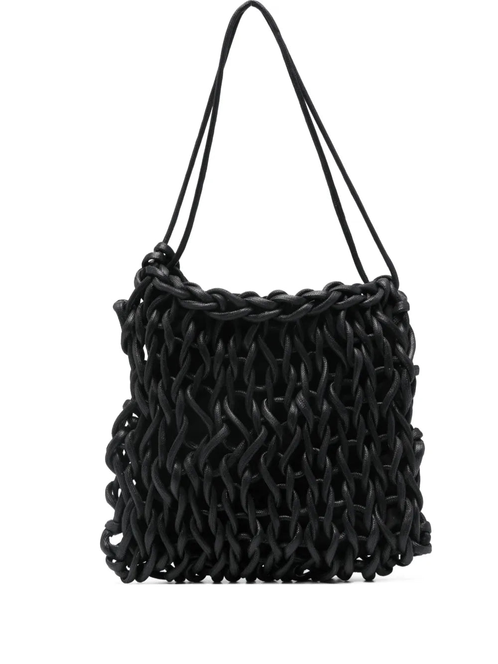 Alienina Sara bag in black leather with drawstring closure, shoulder carry, handmade in Italy