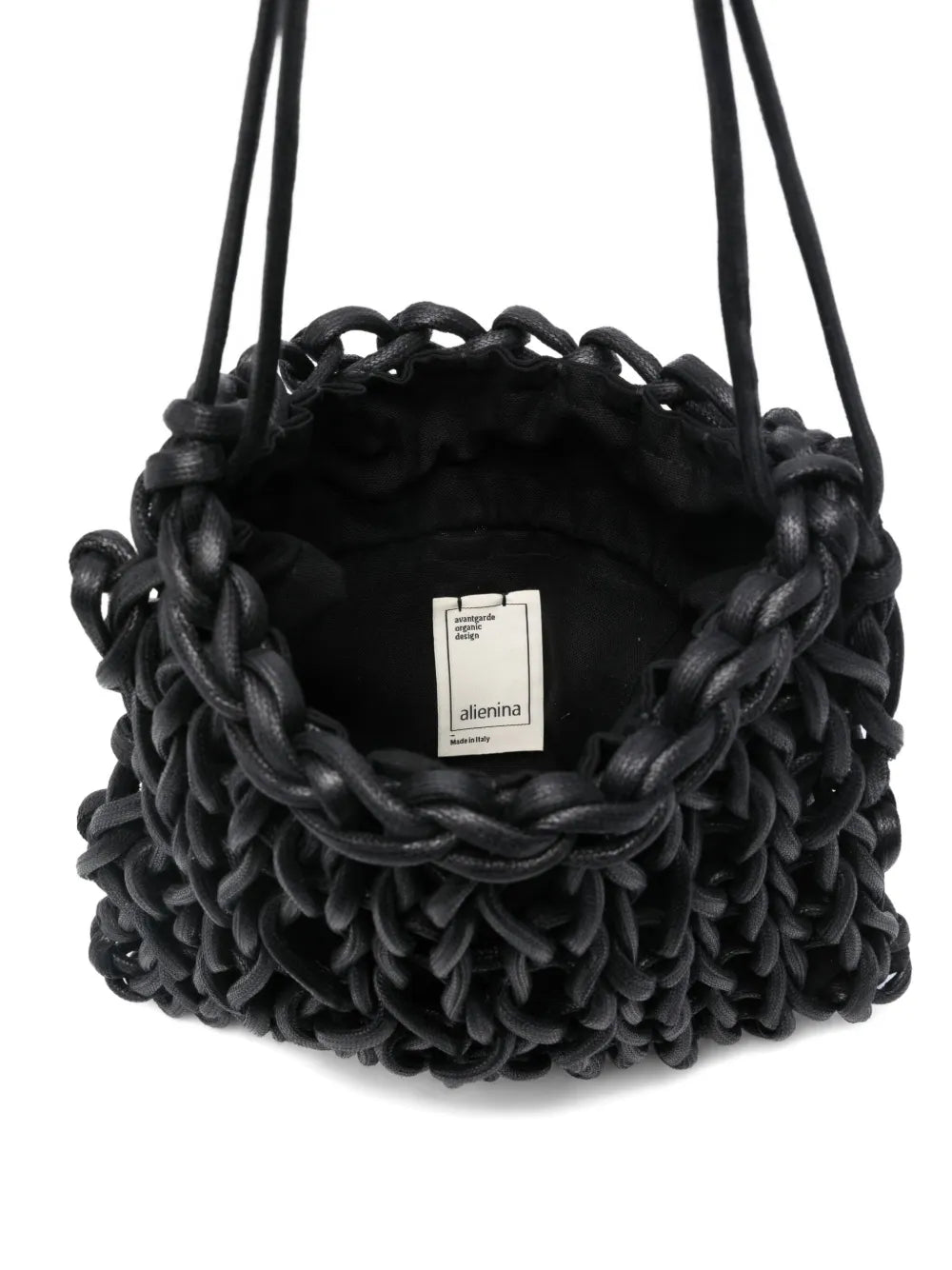 Alienina Sara bag in black leather with drawstring closure, shoulder carry, handmade in Italy