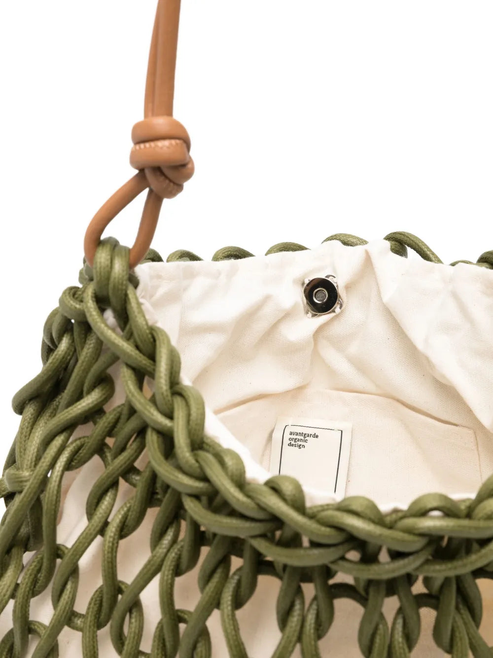 Alienina Vega olive green cotton rope and leather bag with magnetic closure, handmade in Italy
