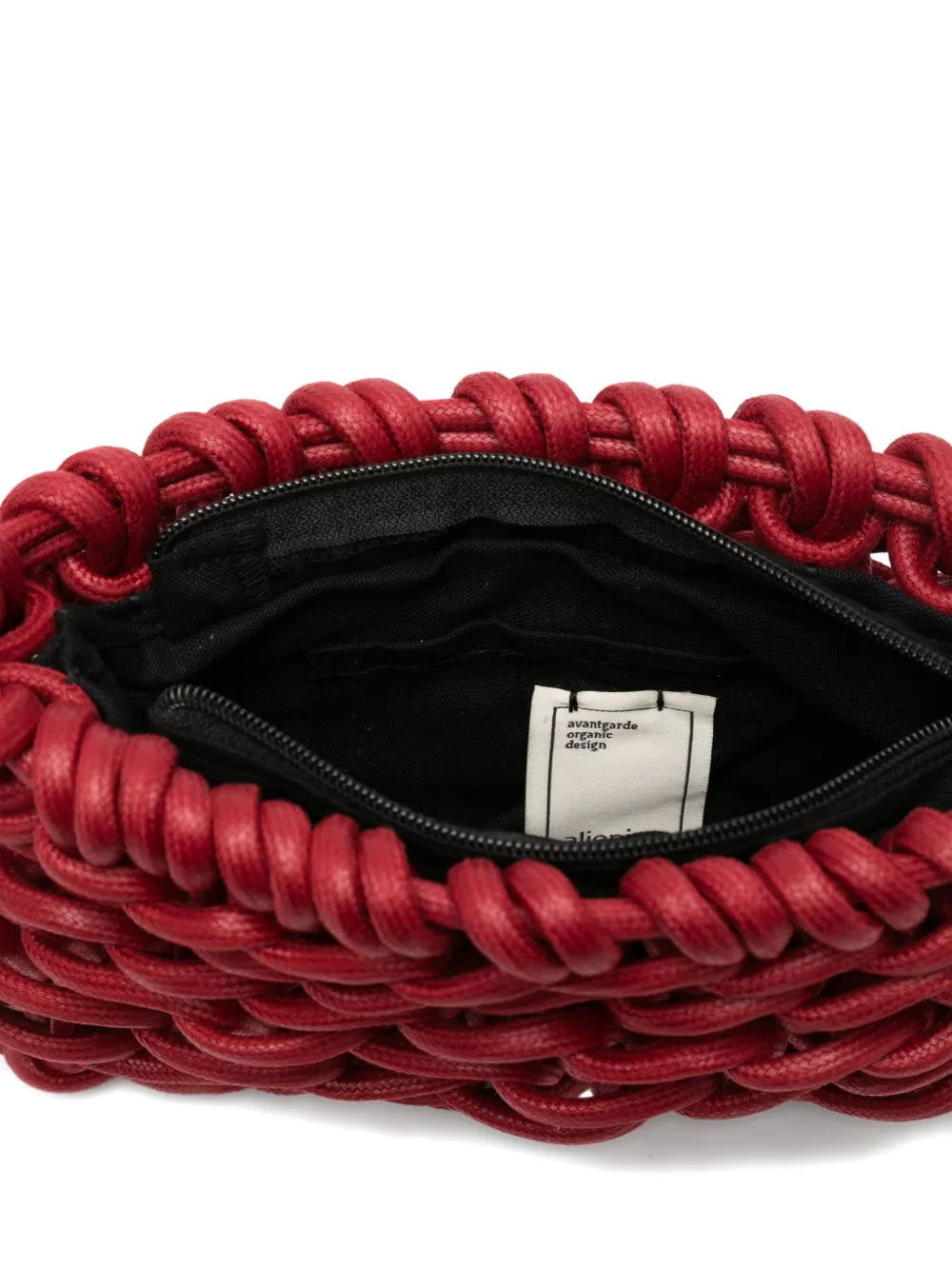 Alienina Nora red handwoven clutch in waxed cotton rope, handmade in Italy.