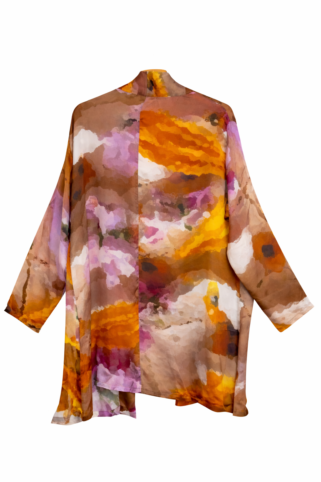 Artistic long kimono for women made of 100% cupro with watercolor-style print and fluid silhouette
