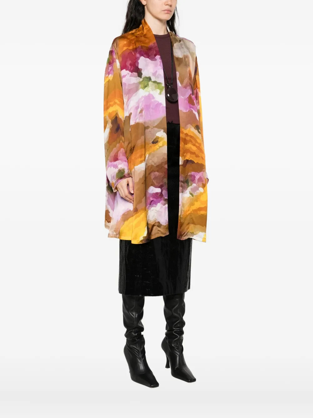 Artistic long kimono for women made of 100% cupro with watercolor-style print and fluid silhouette