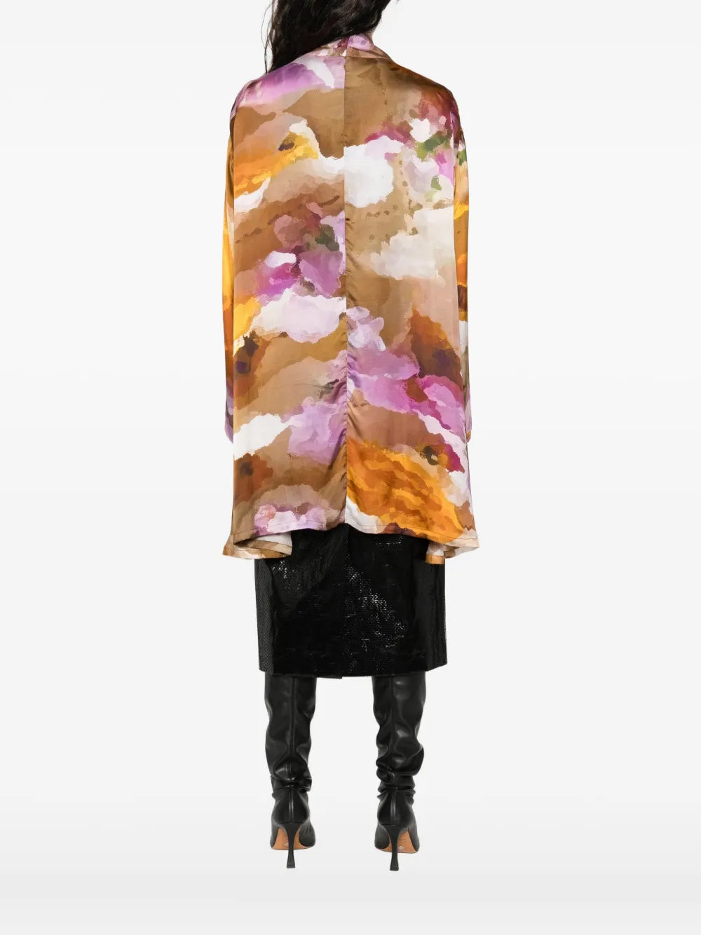 Artistic long kimono for women made of 100% cupro with watercolor-style print and fluid silhouette