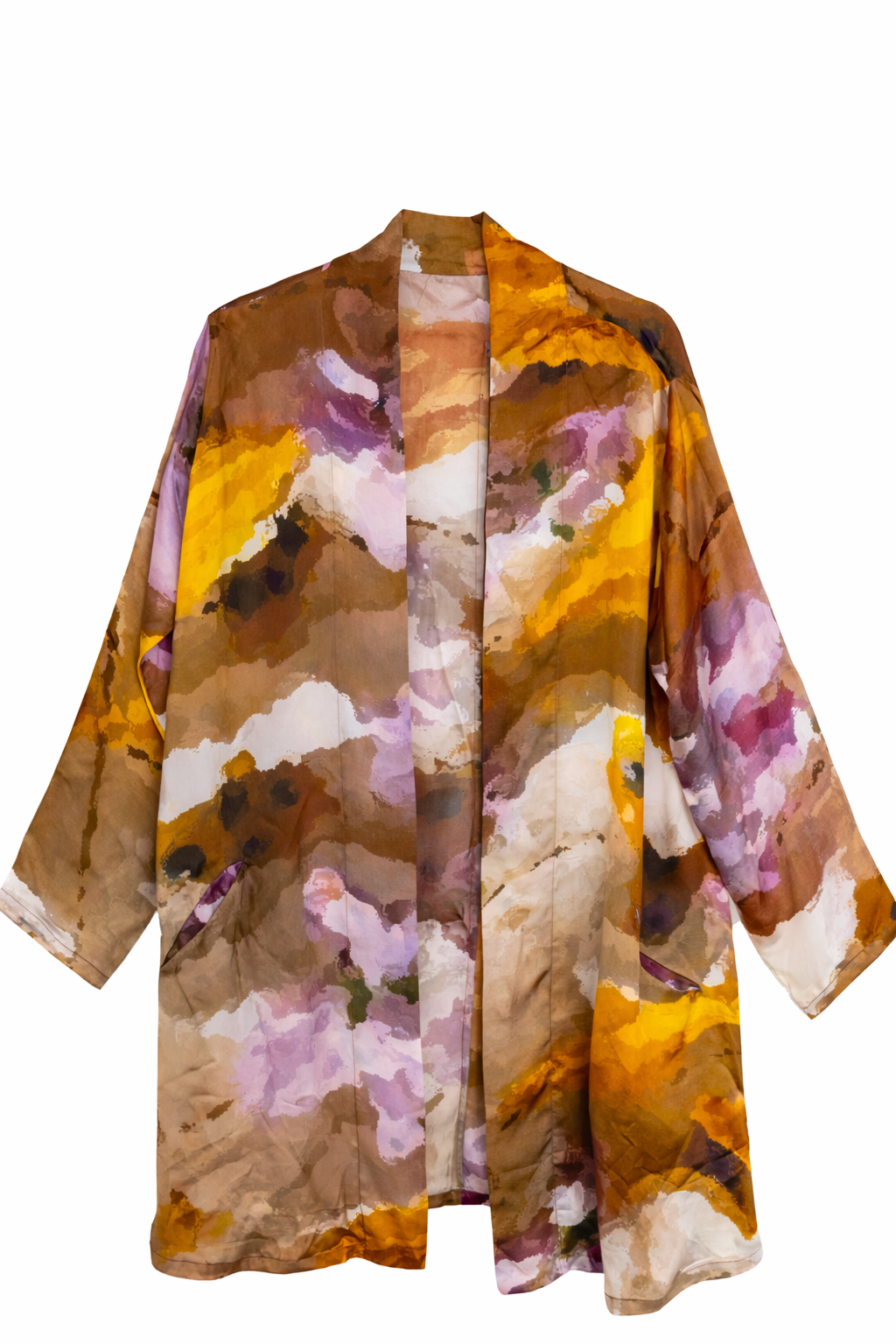 Artistic long kimono for women made of 100% cupro with watercolor-style print and fluid silhouette
