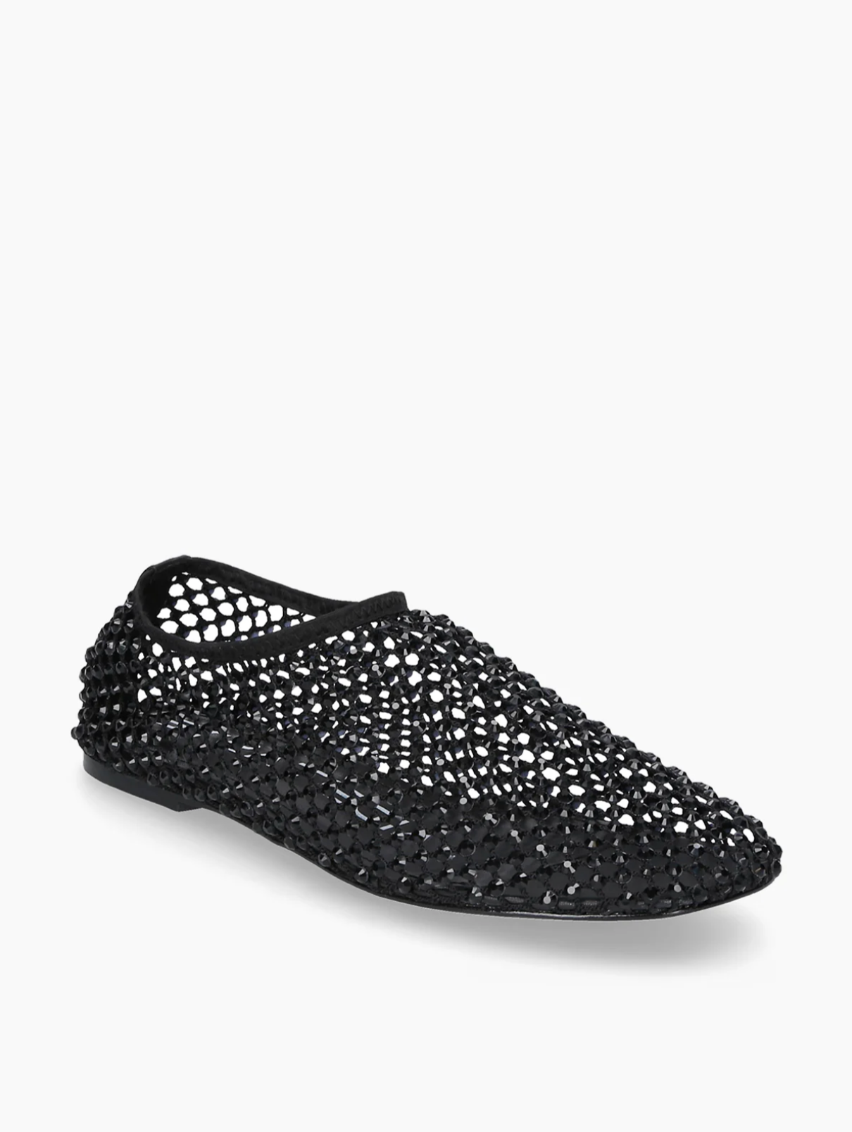 Black ballerina flats with rhinestones and ankle strap, elegant women’s flat shoes. Strategia Shoes