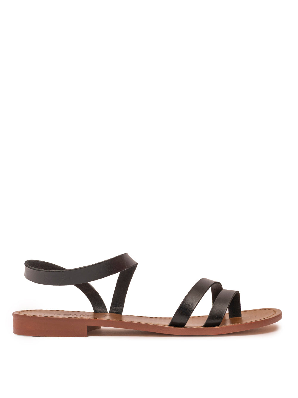 Black leather strappy flat sandal with ankle strap — handmade in Italy | SOMMET