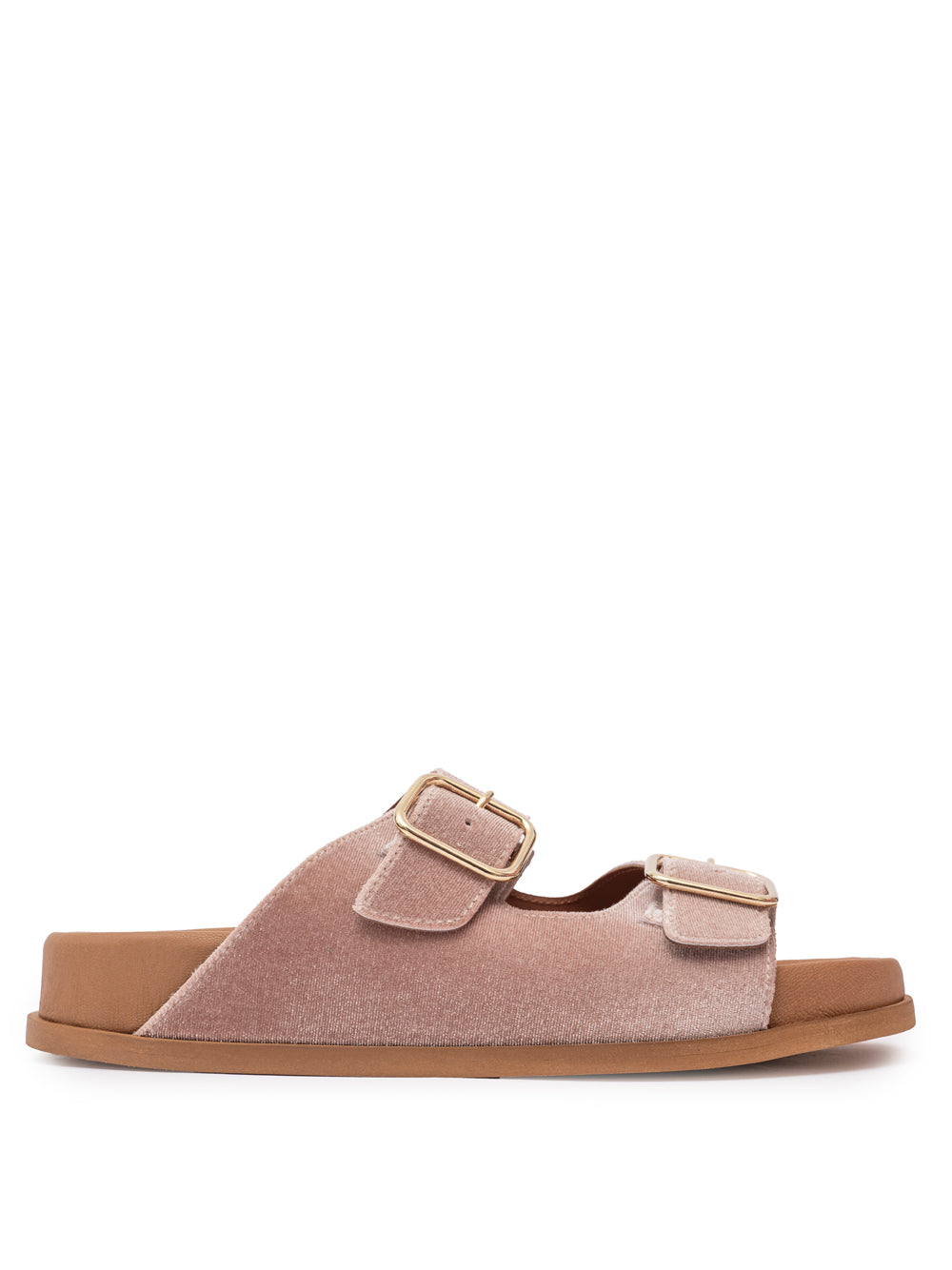 Blush pink velvet double buckle flat sandal with gold hardware — handmade in Italy | SOMMET