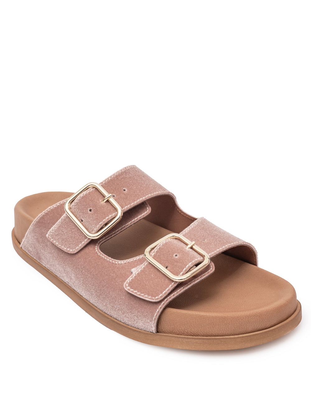 Blush pink velvet double buckle flat sandal with gold hardware — handmade in Italy | SOMMET