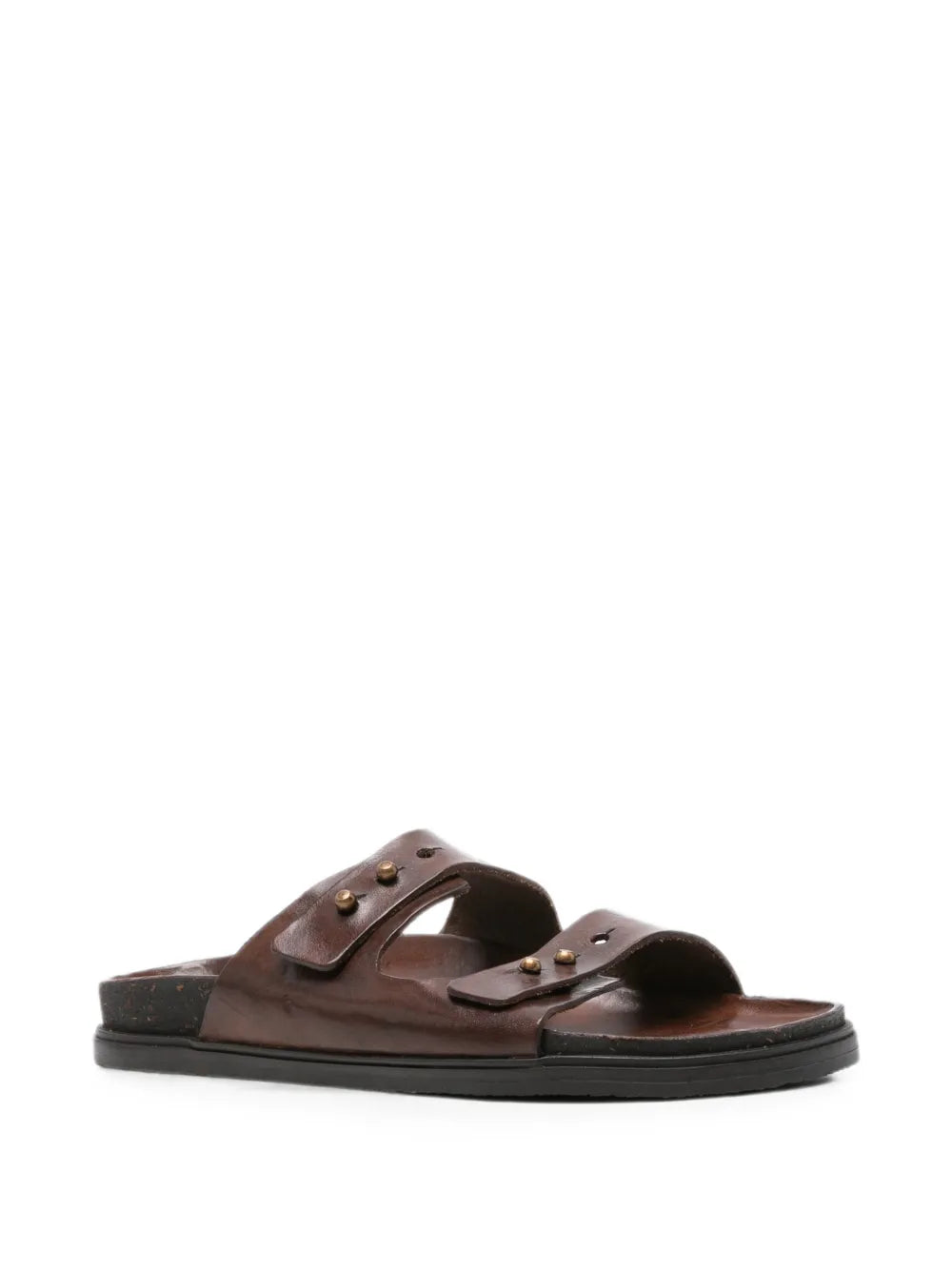 Flat leather sandal two straps brass studs dark brown — artisan sandal made in Italy