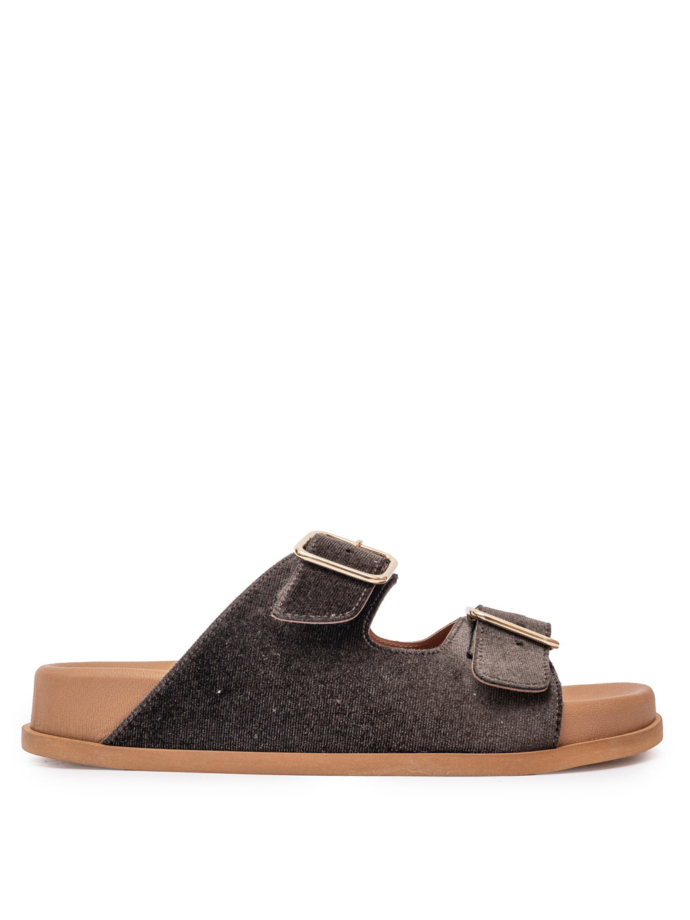 Brown velvet double buckle flat sandal with gold hardware — handmade in Italy | SOMMET