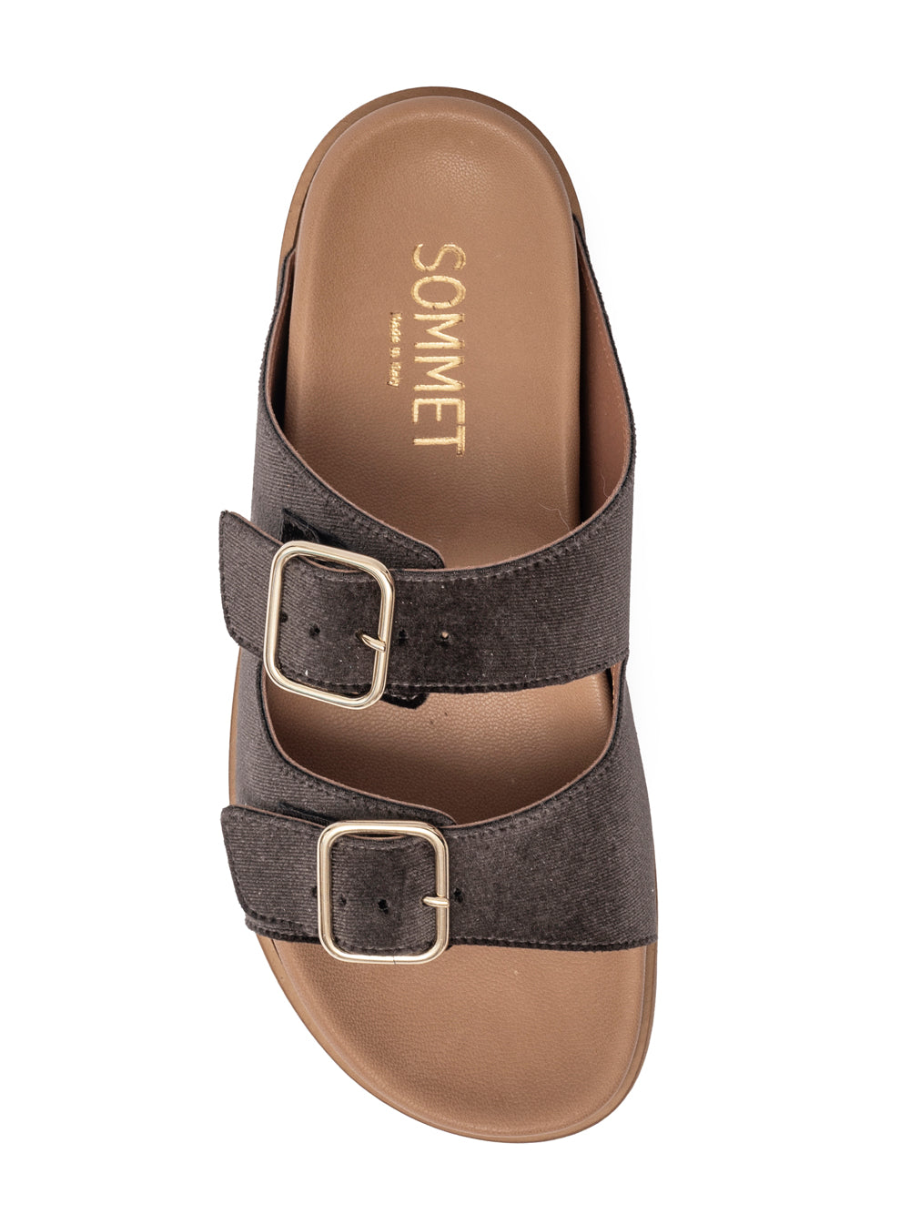 Brown velvet double buckle flat sandal with gold hardware — handmade in Italy | SOMMET