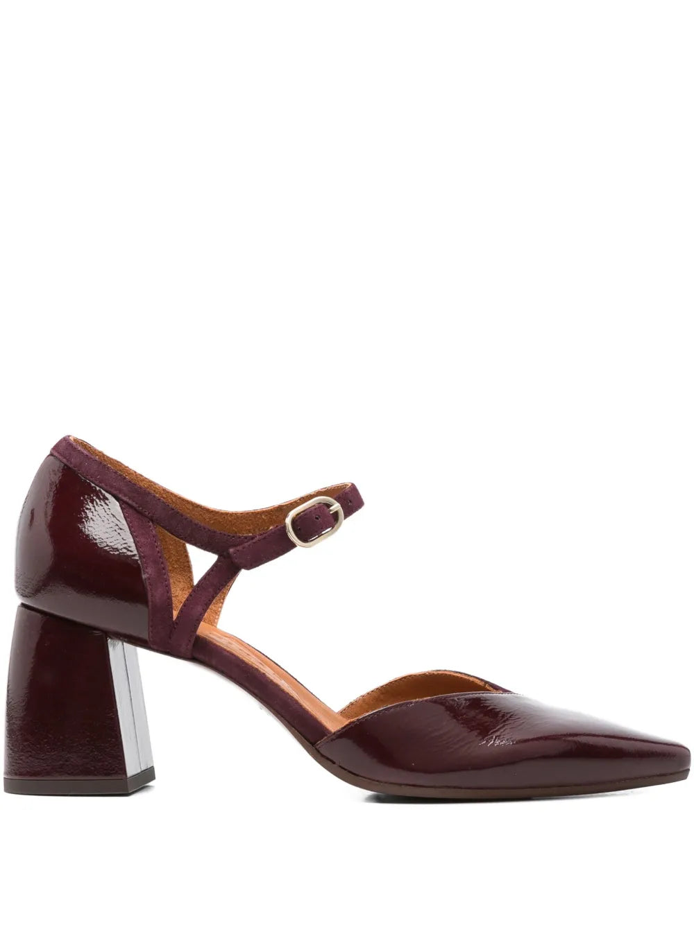 Chie Mihara Amatea burgundy crinkle patent leather and suede T-strap pump, square toe and comfortable mid block heel, handmade in Spain