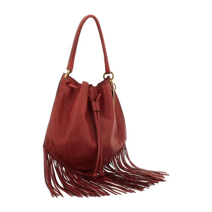 Adelaide Red Cardinal leather fringe bag by Caterina Lucchi, side view showing shoulder strap