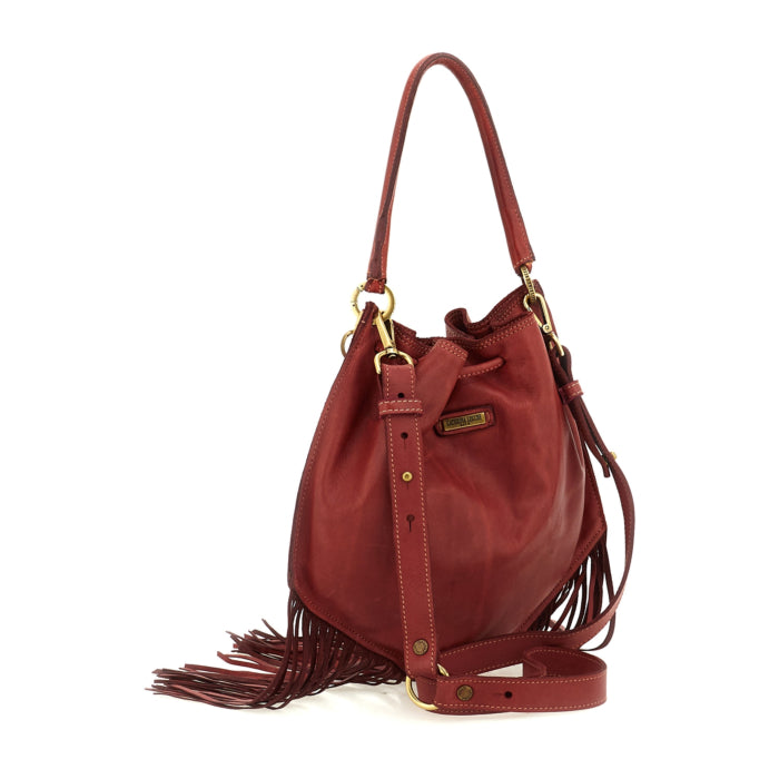 Adelaide Red Cardinal fringe bag by Caterina Lucchi, three-quarter view with crossbody strap